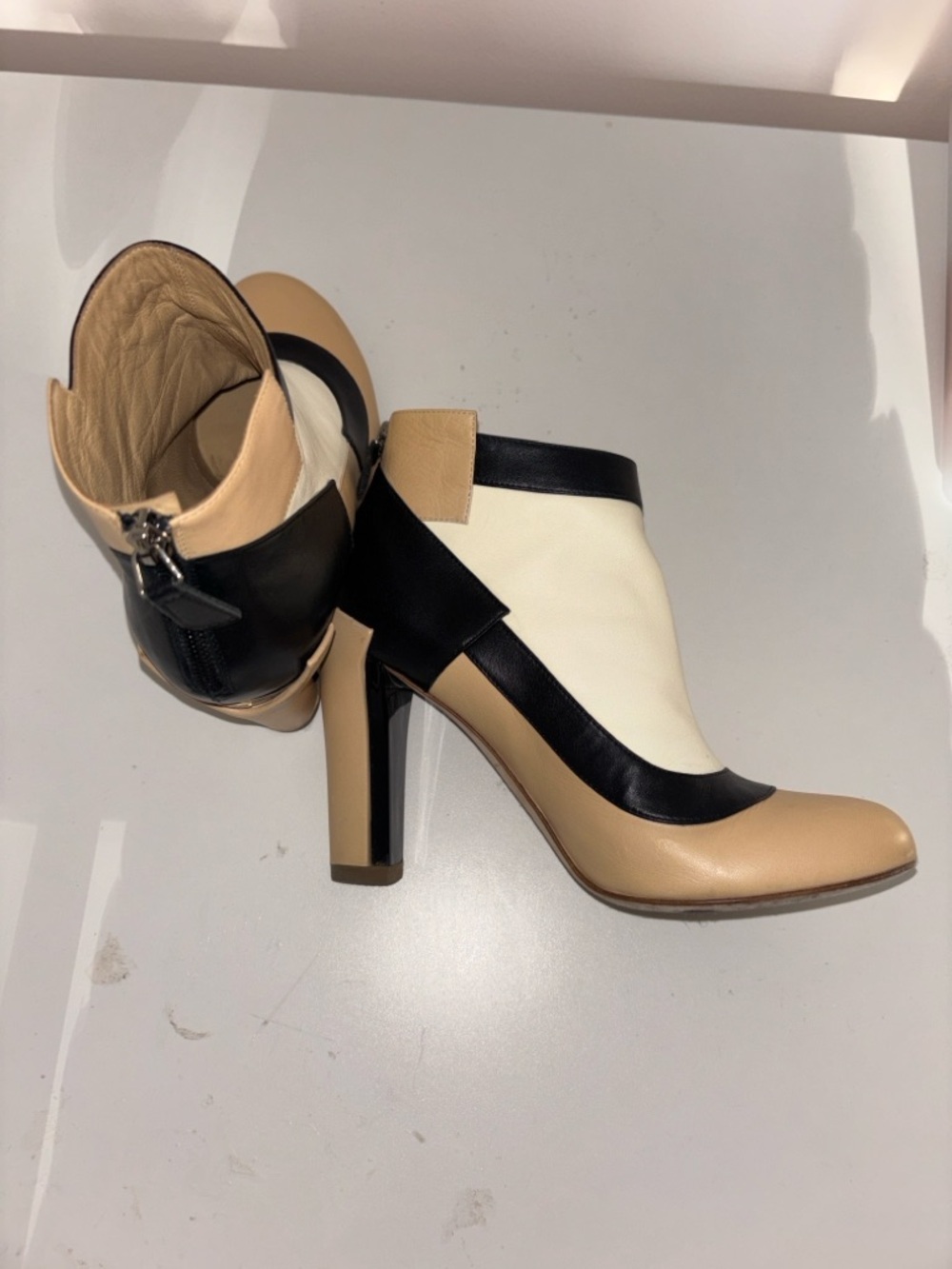 CHANEL Black and Beige Leather Heeled Ankle Boots - Picture 2 of 7